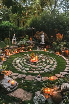 a circular garden with candles in the middle