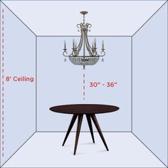 a room with a chandelier, table and chair measurements for the ceiling height