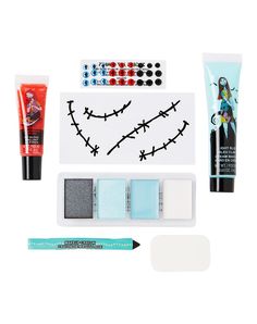 You'll rival the sparkle in Jack Skellington's eyes when he looks at Sally with this officially licensed The Nightmare Before Christmas Sparkling Sally Makeup Kit! Featuring pale blue cream facial makeup, dozens of gem decals, and shimmering eyeshadow, this makeup kit will transform you into Sally in a snap. Officially licensed Includes: 1 Lip gloss 1 Makeup crayon 1 Tube of cream facial makeup with sponge 4 Eyeshadow colors 4 Stitch decals 27 Gem decals Imported Note: Do not use on broken, blem Stitch Decals, Sally Makeup, Nightmare Before Christmas Costume, Christmas Eyeshadow, Titanium Belly Ring, Sally Nightmare, Facial Makeup, Sally Nightmare Before Christmas, Nightmare Before Christmas Halloween