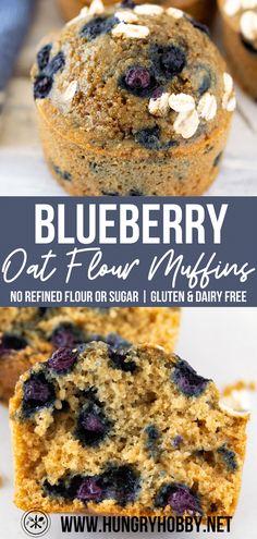 blueberry oat flour muffins are stacked on top of each other with the title overlay