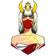 a woman with white hair wearing a red face mask and yellow horns on her head