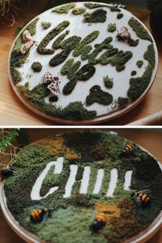 two pictures with the word gum written on them and moss covered plates in different colors