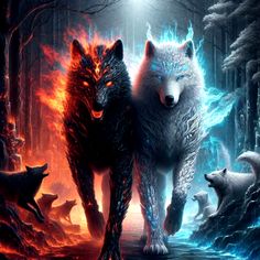 two wolfs standing next to each other in front of a forest filled with fire and ice