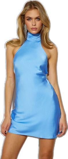 Fitted High Neck Satin Dress, Satin Stretch Mini Dress With Halter Neck, Stretch Satin Mini Dress With Halter Neck, Light Blue Fitted Silk Dress, Blue Fitted Satin Mini Dress, Blue Fitted Mini Satin Dress, Blue Satin Knee-length Dress, Fitted Blue Satin Mini Dress, Blue High Neck Mini Dress For Party