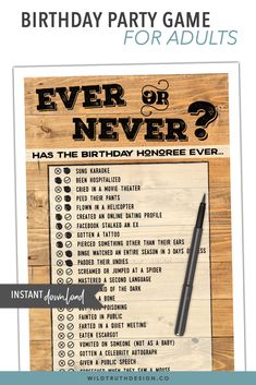 a birthday party game for adults with the words,'ever so never? has the birthday