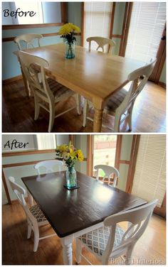 before and after photos of a dining room table painted white with chalk paint in the center