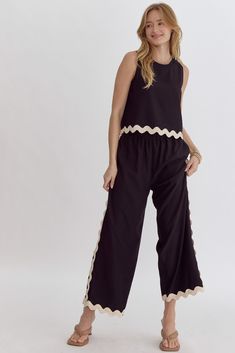 Solid high waisted wide leg pants and sleeveless top set -ric rac detail -lightweight -unlined -Fabric Content- 95% polyester, 5% spandex