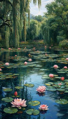 a painting of water lilies in a pond