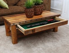 a coffee table with two plants on top