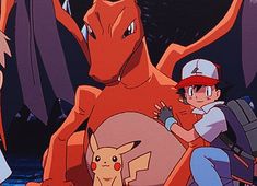 pokemon and pikachu in front of an animated character