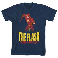 Celebrate the superspeed legend with this Flash tee. The shirt features the superhero The Flash using his superspeed to run as his name appears in tall yellow letters beneath him. The letters cast a red shadow. This tee comes in a navy blue short sleeve crew neck. Bring this t-shirt home to your young Flash fans today. Superhero Short Sleeve T-shirt With Character Print, Fandom Short Sleeve T-shirt With Logo Print, Superhero Pre-shrunk T-shirt For Fan Conventions, Pre-shrunk Superhero T-shirt For Fan Conventions, Superhero T-shirt For Fan Conventions, Red Superhero T-shirt With Short Sleeves, Superhero Character Print Red T-shirt, Superhero Character Print Short Sleeve T-shirt, Red Superhero Character Print T-shirt