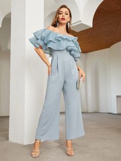 Baby Blue Glamorous  Sleeveless Polyester Plain Culottes Embellished Slight Stretch All Women Jumpsuits & Bodysuits Jumpsuit Layering, Palazzo Jumpsuit, Jumpsuit Outfits, Off Shoulder Jumpsuit, Jumpsuit Outfit, Jumpsuit Online, Blue Jumpsuits, Jumpsuit Fashion, Classy Dress