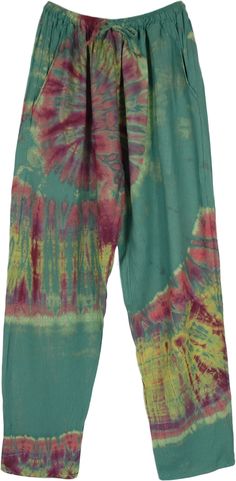 Perfect to lounge around in, these soft rayon pants are a great style in bohemian wear.  With its soothing sea green backdrop, it has a very nice vibrant tie-dye effect, full of colors on top. #tlb #SplitSkirtsPants #TieDye #bohemianfashion #hippieloungepants Green Cotton Harem Pants For Vacation, Spring Beach Green Harem Pants, Green Bohemian Relaxed Fit Harem Pants, Bohemian Turquoise Bottoms For Vacation, Green Harem Pants With Elastic Waistband For Beach, Bohemian Green Harem Pants For Vacation, Green Harem Pants With Elastic Waistband For Festival, Green Harem Pants For Vacation, Hand Dyed Tie Dye Summer Pants