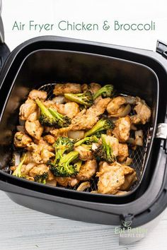 chicken and broccoli in an air fryer with the words air fryer chicken & broccoli