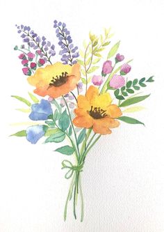 watercolor painting of yellow and purple flowers on white paper with green stems, lavenders, and leaves