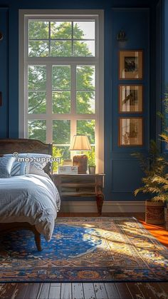 a bedroom with blue walls and wooden floors