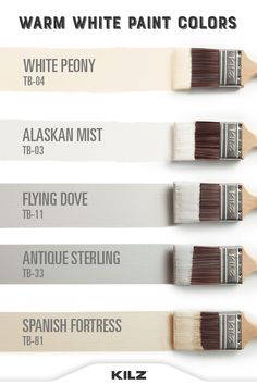 four different paint colors with the names of each one on them, including white and brown