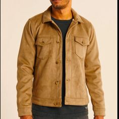 Faux Suede Jacket In A Classic Trucker Style With Button-Up Front And Pockets. Imported. Lining: 55% Polyester, 45% Viscose Back: 95% Polyester, 5% Elastane Faux Suede: 100% Polyester Chore Coat Men, Suede Trucker Jacket, Latest Sofa Designs, Abercrombie Men, Mens Raincoat, Structured Jacket, Striped Vests, Heavy Jacket, Faux Suede Jacket