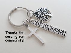 This listing is for 1 keychain.  Great gift for your volunteers to show your appreciation. The tree piece is about 1 inch across.   The keychain will come on a card that says "Thanks for serving our community". See my other employee/teacher appreciation items here:  https://www.etsy.com/shop/JewelryEveryday?ref=shop_home_edit&search_query=employee See my other tree items here:  https://www.etsy.com/shop/JewelryEveryday/search?search_query=tree&order=date_desc&view_type=gallery&ref=shop_search Check out my other keychains for more like this: https://www.etsy.com/shop/JewelryEveryday?section_id=14577163 Ministry Appreciation Gifts, Church Volunteer Appreciation Gifts, Church Volunteers, Volunteer Appreciation Gifts, School Volunteer, Volunteer Gifts, Volunteer Appreciation, Staff Gifts, Teacher Appreciation Gift