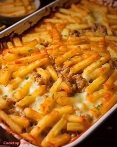 a casserole dish filled with cheesy french fries and meat toppings