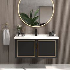 a bathroom with a sink, mirror and towel rack on the wall next to it