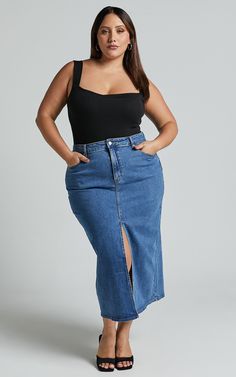 Trendy Stretch Blue Denim Skirt, Chic Blue Stretch Denim Skirt, Trendy Stretch Dark Wash Skirt, Trendy High-waist Denim Pencil Skirt, Trendy High-waist Lined Denim Skirt, Trendy High Waist Lined Denim Skirt, Trendy Stretch Denim Skirt, Trendy Denim Blue Midi Skirt, Denim Lined Midi Skirt