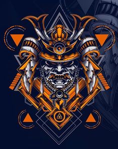 an image of a japanese warrior mask on a dark background with orange and blue accents