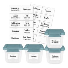 four plastic containers with labels on them