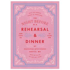 a pink and blue wedding card with the words night before, rehearsal and dinner on it