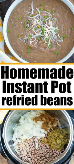 homemade instant pot refried beans in a slow cooker with text overlay that reads homemade instant pot refried beans