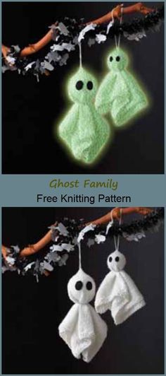 two baby ones hanging from a tree with text that reads ghost family free knitting pattern