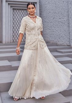 Nidhika Shekhar-Ivory Embroidered Sharara Set-INDIASPOPUP.COM Crinkle Sharara, Ivory Outfit, Embroidered Sharara, Kurta Sharara Set, Kurta Sharara, Embroidered Dupatta, Sharara Set, Tailored Design, Indian Design