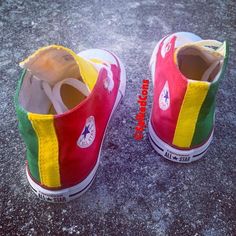 Custom converse painted red green and yellow original white converse are used...... Casual Hand Painted Red Sneakers, Casual Red Hand Painted Sneakers, Converse Painted, Neon Vans, Custom Slip On Vans, White Converse With Dress, Converse With Dress, Masquerade Ball Gowns, Neon Prom Dresses