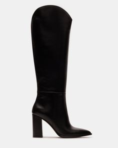 A pointed toe and curved topline give the BIXBY block heel knee boot a Western edge while the sleek upper highlights the clean monochrome look Point toe block heel knee boot Slip-on style Curved topline 3.5 inch heel height Size 6 measurements: 15.5 inch shaft circumference, 14.25 inch shaft height Size 8 measurements: 16 inch shaft circumference, 15 inch shaft height Size 10 measurements: 17 inch shaft circumference, 15.5 inch shaft height Leather upper material Synthetic and textile lining Syn Black Dress Boots, Long Black Boots, Black Leather Knee High Boots, 5 Inch Heels, Long Boots, Platform Boots, Boot Shoes Women, Knee High Boots, Sock Shoes