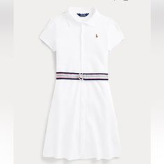 Nwt Ralph Lauren Belted Cotton Mesh Polo Dress Size 5 Preppy Fitted White Dress, White Fitted Casual Polo Dress, Classic White Polo Dress For Spring, White Polo Dress For Spring, Preppy Fitted Polo Dress For Summer, Fitted Preppy Polo Dress For Summer, White Fitted Classic Polo Dress, Ralph Lauren Plaid Dress, Girls Navy Dress