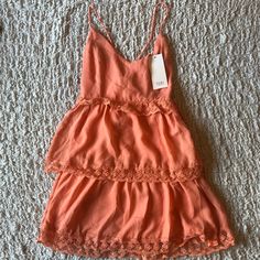 Nwt. Peach, Ruffle, Lace Detail, Lace Up Back Apricot Mini Dress With Ruffles, Summer Apricot Dress With Ruffles, Sleeveless Apricot Mini Dress With Ruffles, Peach Mini Dress For The Beach, Orange Ruffle Mini Dress For Vacation, Orange Ruffled Beach Mini Dress, Orange Ruffled Mini Dress For Beach, Orange Sleeveless Dress With Ruffle Hem, Feminine Orange Mini Dress For The Beach