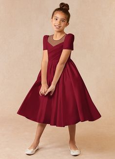 Anirra is our adorable flower girl dress cut from matte satin and tulle. She features a scoop neckline pleated bodice paired with puff sleeves. The look is complete with an tea length ball gown skirt and large bow. Fitted Tulle Skirt Dress For Confirmation, Solid Fitted Dress For First Communion, Satin Flower Girl Dresses, Burgundy Ball Gown, Burgundy Flower Girl Dress, Tea Length Flower Girl Dress, Satin Flower Girl Dress, Gown Skirt, Ball Gown Skirt