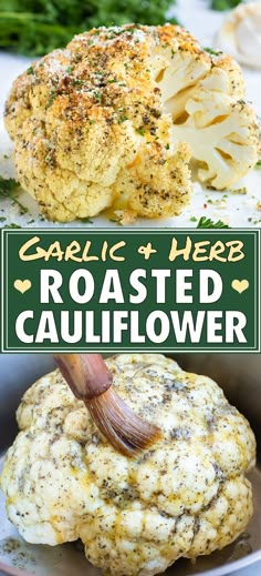 garlic and herb roasted cauliflower with text overlay