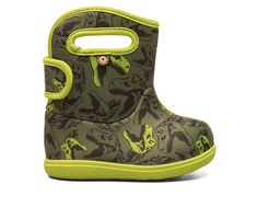 Neo-Tech waterproof rubber & fabric upper, Pull on for easy entry, Flat sole, Round closed toe, BLOOM eco-friendly, algae-based EVA footbed that helps clean polluted water habitats, Slip-resistant rubber sole,100% Waterproof, insulated, machine washable | Boys' Bogs Footwear Toddler Baby Bogs II Dino Rain Boot in Dark Green Mult Size 8 - Toddler Bogs Boots, Kids Rain Boots, Kids Rain, Baby Boots, Rain Boot, Boy Shoes, Waterproof Boots, Velcro Straps, Accessories Store