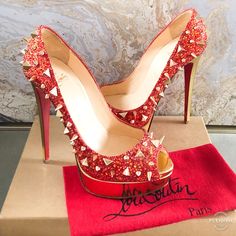 Gorgeous Authentic Red And Gold Leather Christian Louboutin Spikes Very Mix Potpourri 150 Peep-Toe Platform Pumps With Tonal Stitching, Spikes Throughout And Covered Heels. Excellent Condition With Minor Wear To Soles. Includes Dust Bag. Retails $2900. Size 39. Pink Nike Shoes, Pink Nikes, Platform Pumps, Gold Leather, Louboutin Shoes, Red And Gold, Potpourri, Christian Louboutin Shoes, Red Gold