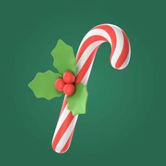 a candy cane decorated with holly leaves and red berries on it's side, against a green background