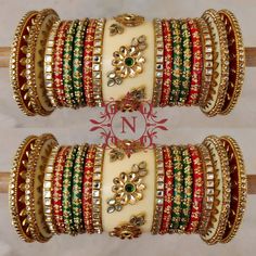 Designer Indian Red, Green & Beige Color Bridal Chura Set. Beautified With High Quality Glass Kundan. The Beautiful Combination Of Red, Green & Beige Color Is Making This Ensemble Exclusive. Center Piece Is Decorated With Floral Shape Kundan Fitting. This is a set of 34 Bangles (17 For Each Hand). Heavy Red Traditional Wear For Festive Occasions, Red Kundan Traditional Wear For Celebration, Red Traditional Wear For Ceremonial Festival, Ceremonial Red Traditional Wear For Festival, Red Ceremonial Traditional Wear For Festival, Festive Multicolor Heavy Traditional Wear, Red Traditional Wear For Wedding Festival, Jewellery Bangles, Bridal Chura