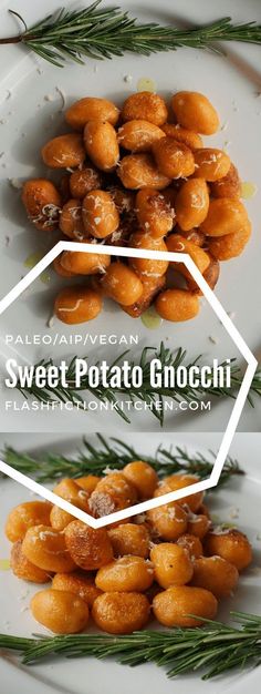 sweet potato gnocchi on a white plate with rosemary sprigs