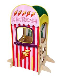 a wooden toy ice cream stand with an open door