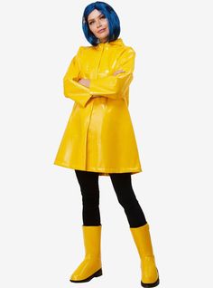 a woman with blue hair wearing a yellow raincoat