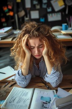 a woman sitting at a desk with her hands on her head and papers around her