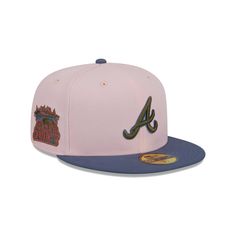 the atlanta braves'new era 59fifty pink and blue fitted hat is shown