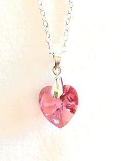 Pink Heart Necklace, Valentines Day Necklace, Swarovski Rose Pink Heart Aurora Borealis Pink, Sweeth Rose Heart Necklace For Valentine's Day, Pink Open Heart Necklace For Weddings, Valentine's Day Rose Heart Necklace, Pink Heart Cut Necklaces, Perfect Gift For Her, Pink Heart Cut Necklace As Gift For Her, Pink Sterling Silver Open Heart Necklace, Pink Sterling Silver Heart Necklace For Her, Pink Sterling Silver Heart Necklace, Pink Sterling Silver Heart Necklace As Gift For Her