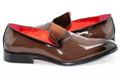 Sleek patent leather lends a luxurious shine to this attractive slip-on dress loafer with a slim, subtle profile that pairs great with a black-tie tuxedo or dress shirt. Will easily add a handsome spin to your favorite formal outfits. PU Patent Leather Upper Velvet Tongue Rubber Sole Slip-On Imported Brown Patent Leather Dress Shoes For Semi-formal, Semi-formal Brown Patent Leather Dress Shoes, Luxury Patent Leather Loafers For Semi-formal Events, Brown Patent Leather Slip-on Loafers, Red Patent Leather Slip-on Loafers, Black Tie Tuxedo, Velvet Loafers, Dress Loafers, Formal Outfits