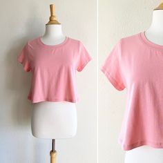 "Size Medium Rose Pink. Womens short sleeve basic cropped cotton knit tshirt.  This is a simple loose fit cropped length top that can be worn alone or layered. Made of soft stretchy cotton Lycra fabric. Machine washable.  Length from shoulder to hem is about 18.5\" BASIC SIZING    MEDIUM 8-10 Bust 37-38, Waist 29-30, Hip 39-40  " Cotton Lycra Fabric, Loose Fit Shirts, Lycra Fabric, Long Leggings, Cotton Leggings, Scoop Neck Top, Womens Basic, Summer Tee, Knitted Tshirt